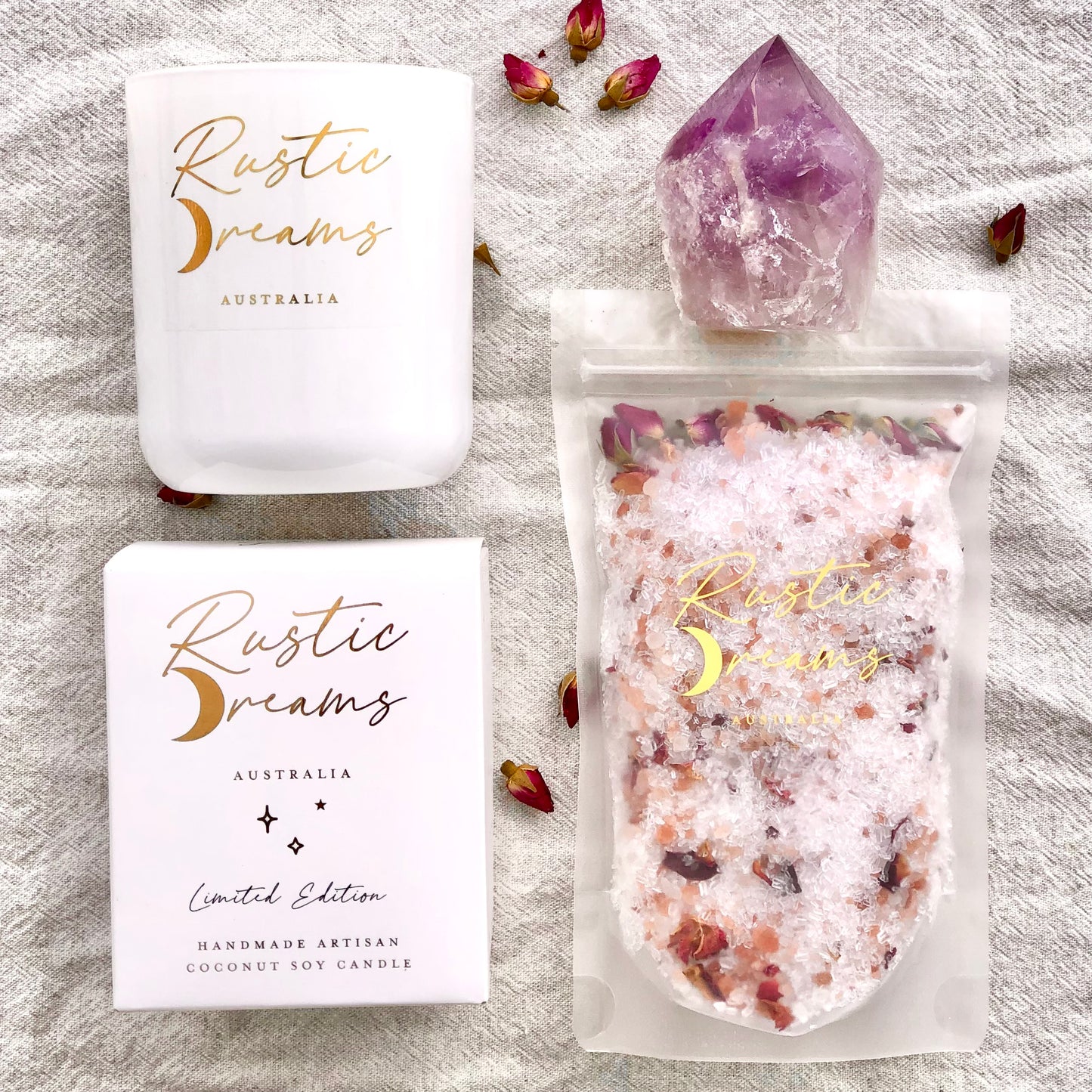 Rustic Dreams Amethyst gift Box, Soy candle, Feminine Bath Salts, cleansed Amethyst point Vegan friendly Soy