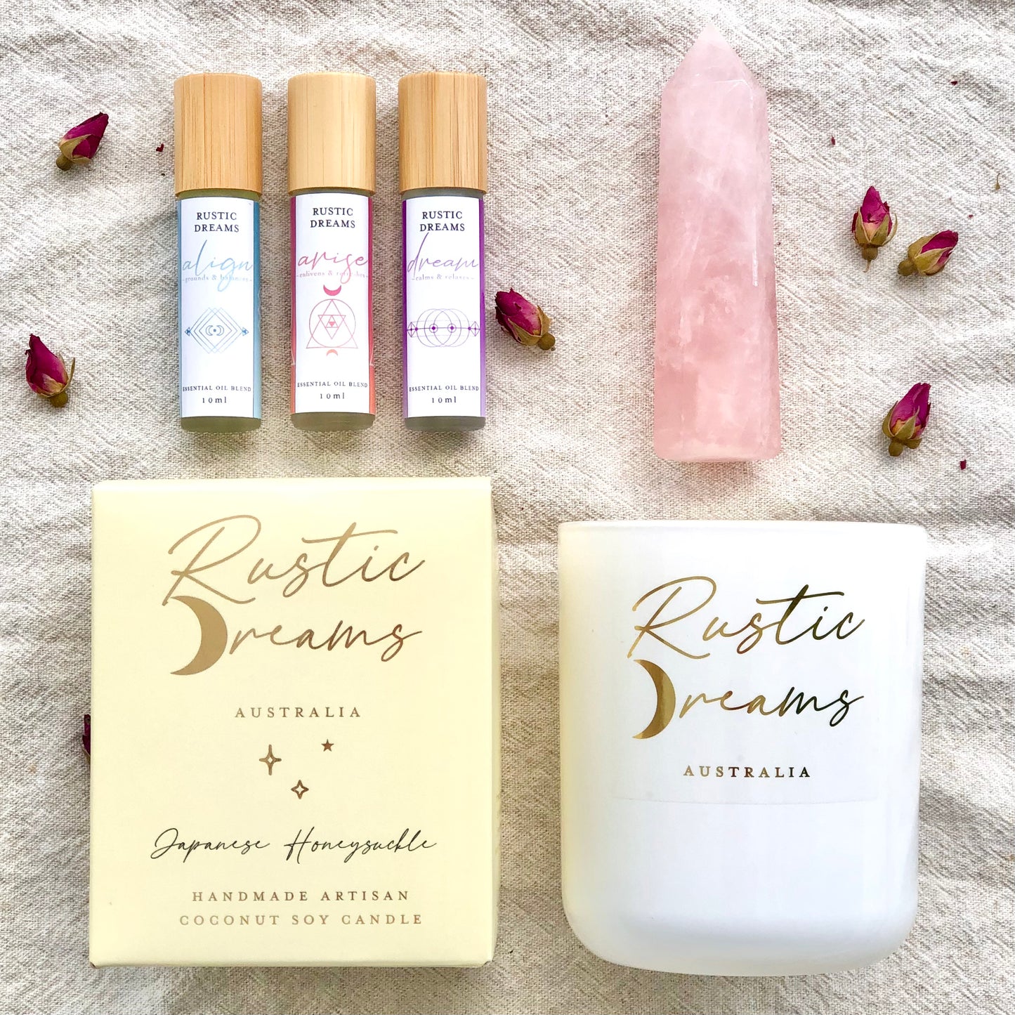 Enchantment Gift Box - Scented Soy Candles - Rose Quartz - Essential Oil Rollers