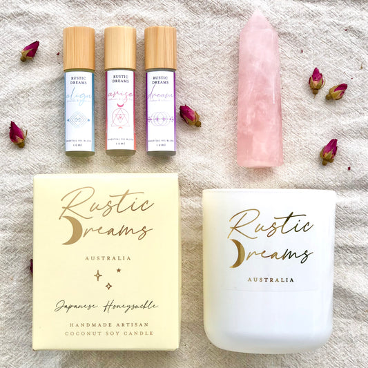 Enchantment Gift Box - Scented Soy Candles - Rose Quartz - Essential Oil Rollers