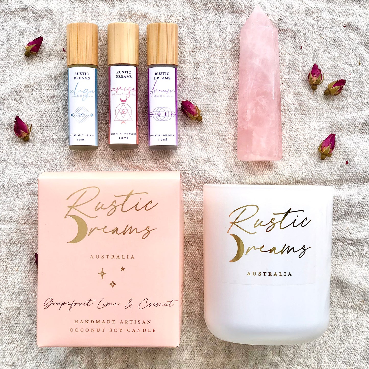 Enchantment Gift Box - Scented Soy Candles - Rose Quartz - Essential Oil Rollers