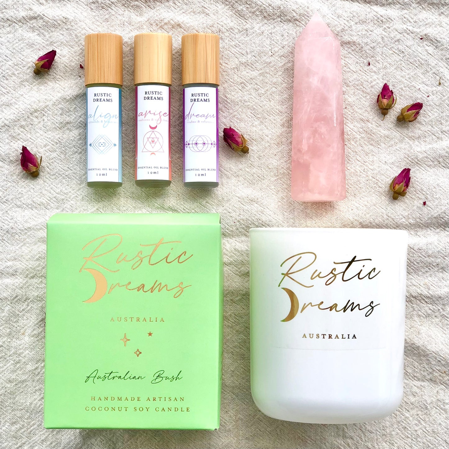 Enchantment Gift Box - Scented Soy Candles - Rose Quartz - Essential Oil Rollers