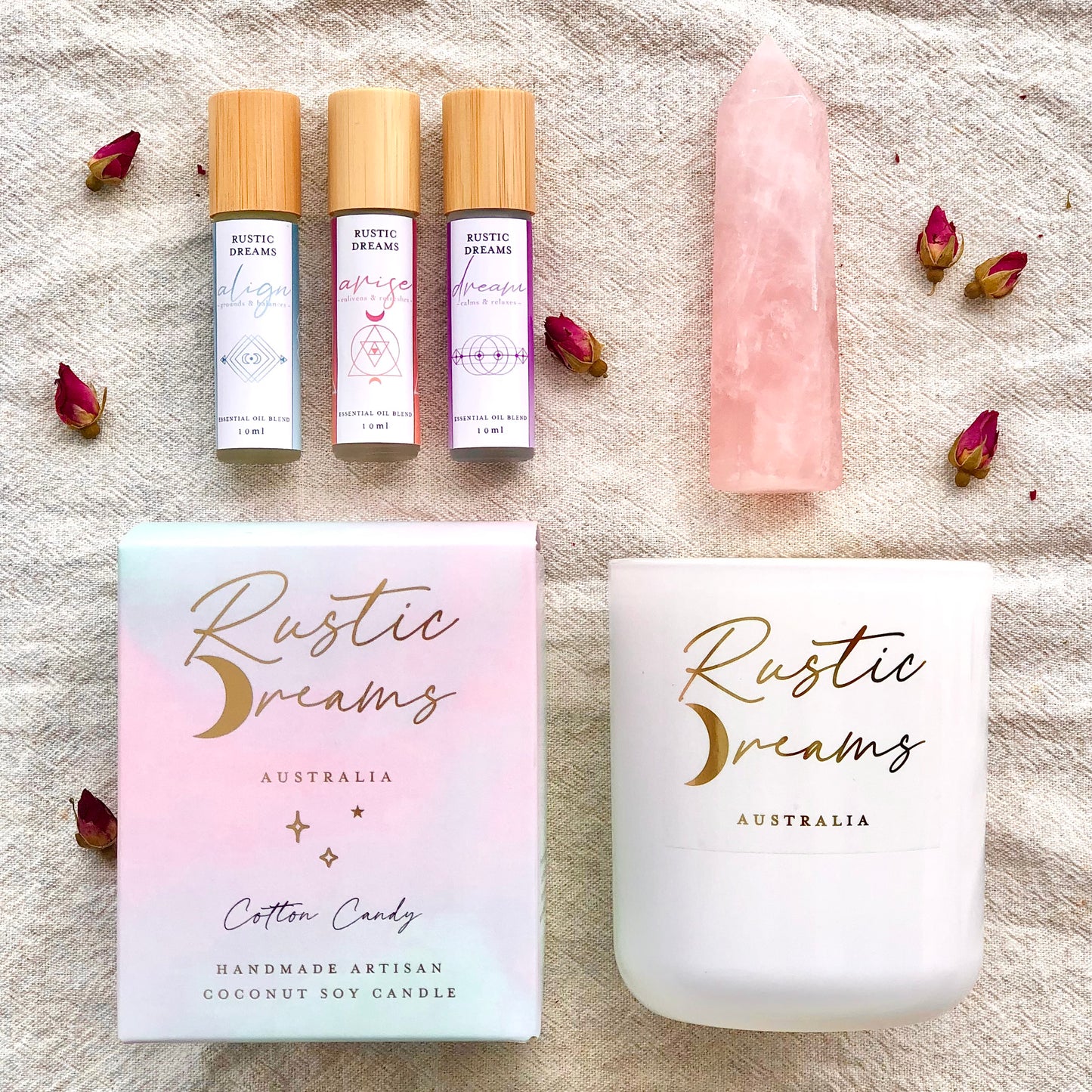 Enchantment Gift Box - Scented Soy Candles - Rose Quartz - Essential Oil Rollers