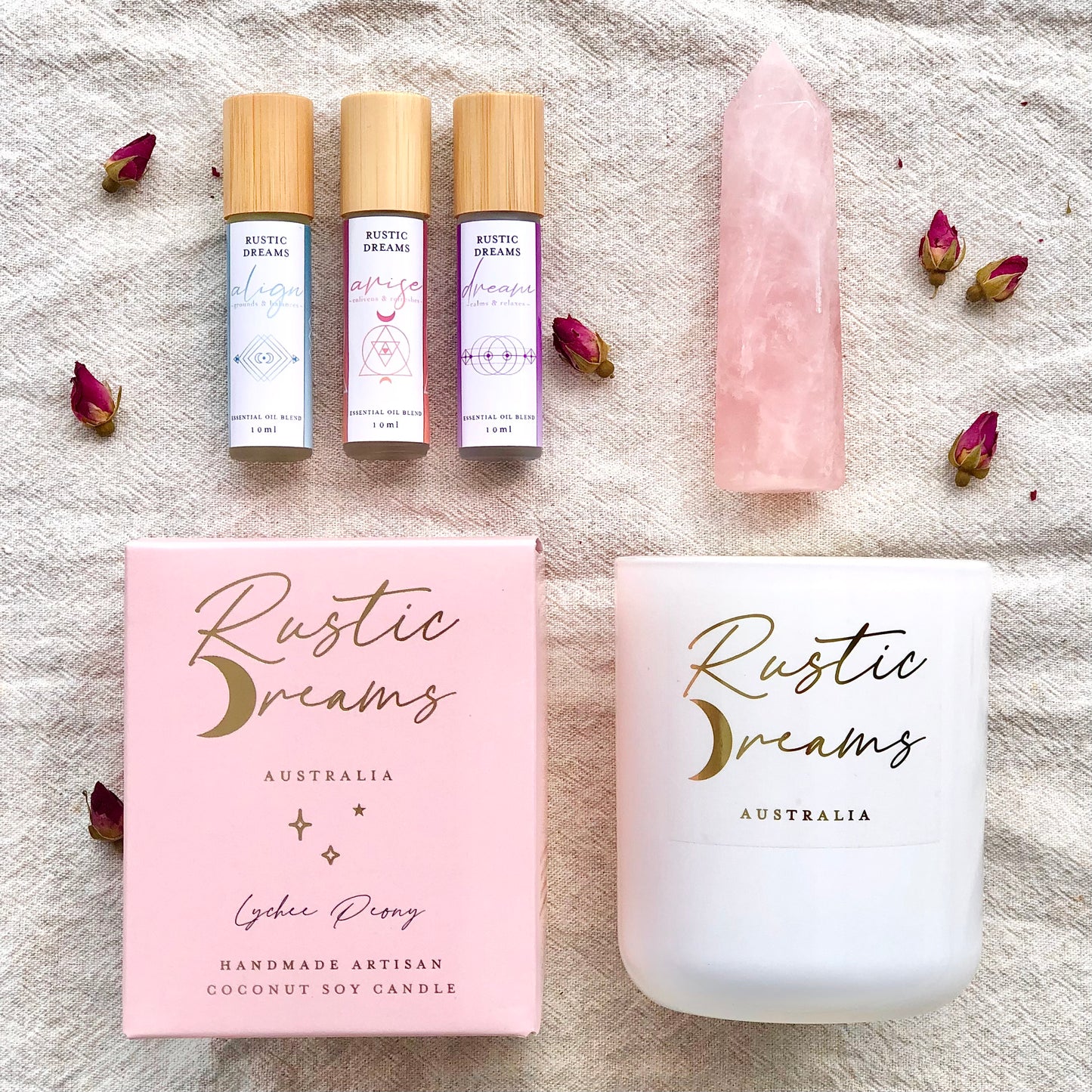 Enchantment Gift Box - Scented Soy Candles - Rose Quartz - Essential Oil Rollers
