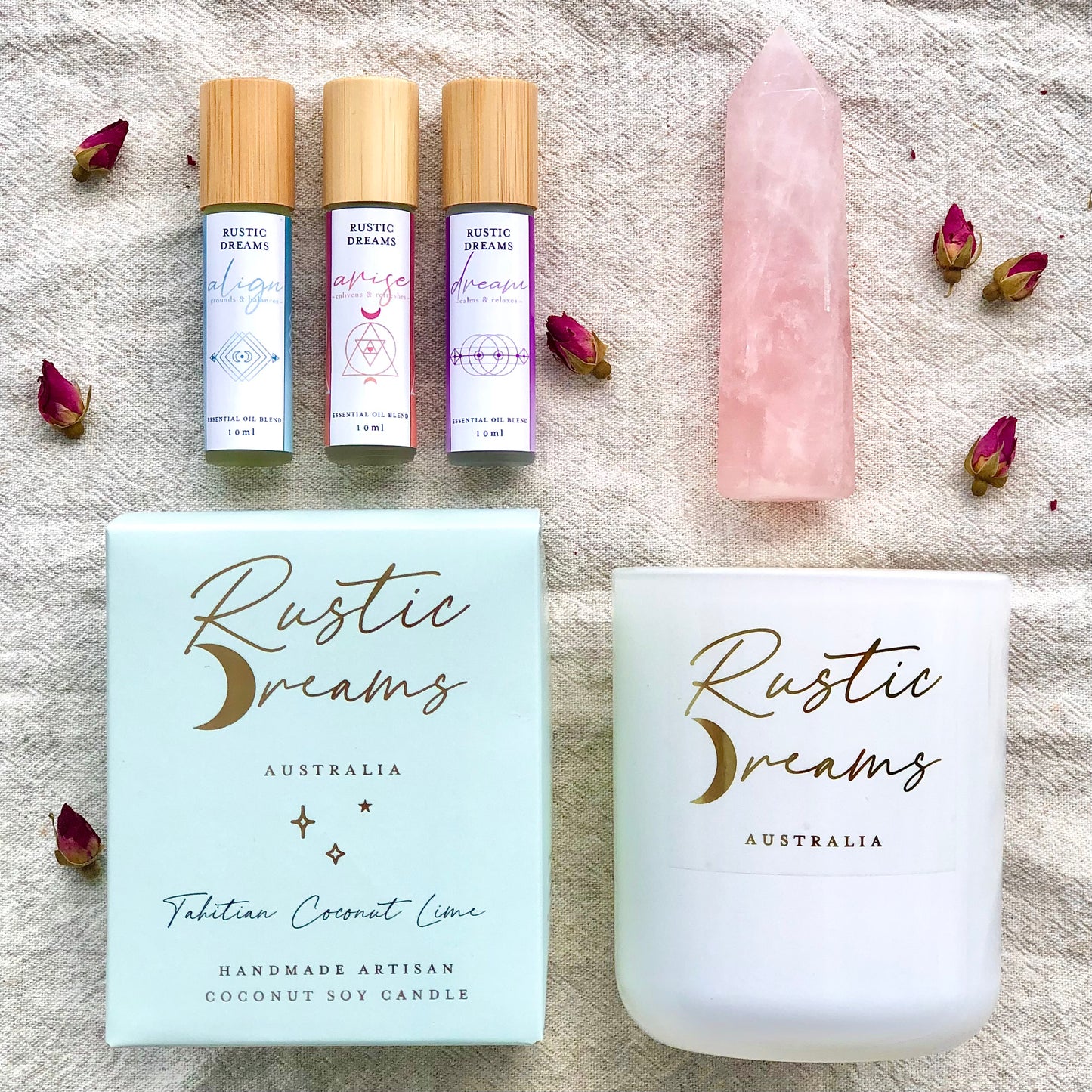 Enchantment Gift Box - Scented Soy Candles - Rose Quartz - Essential Oil Rollers