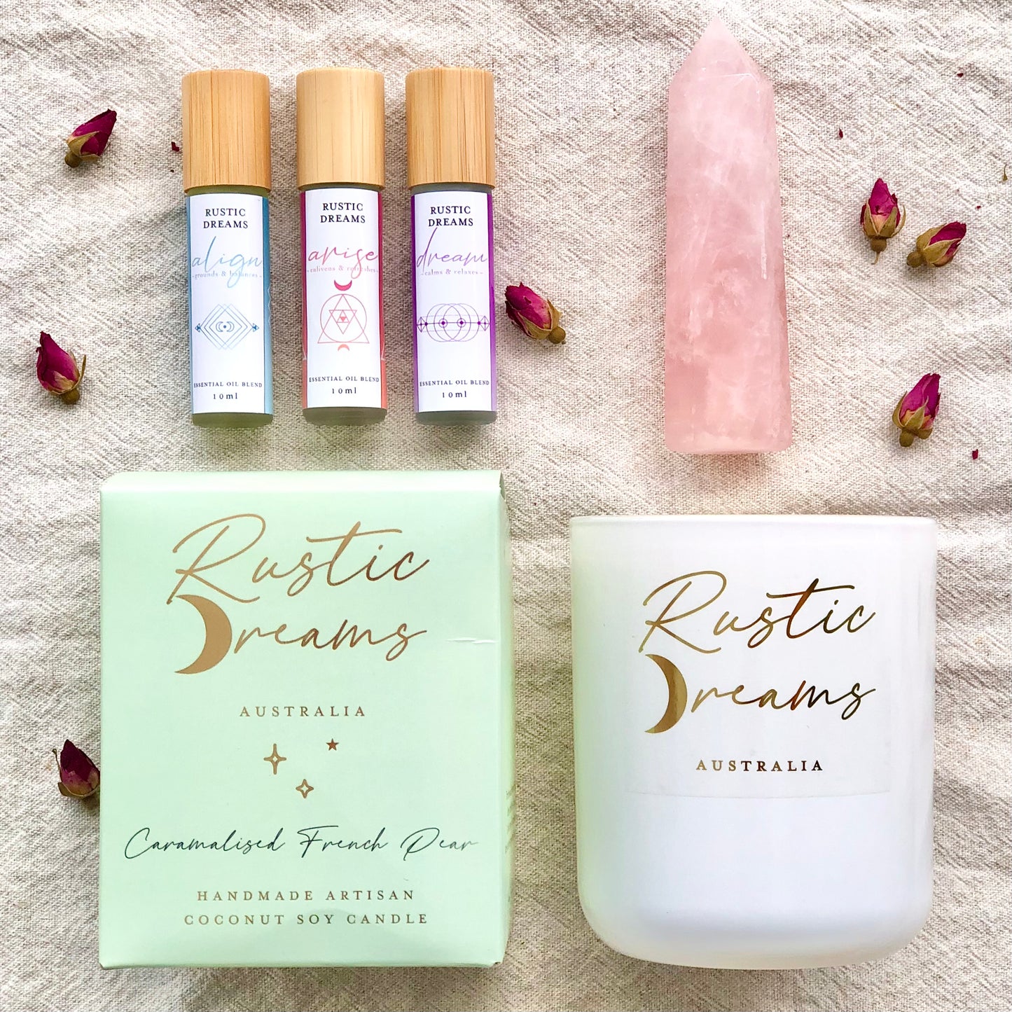 Enchantment Gift Box - Scented Soy Candles - Rose Quartz - Essential Oil Rollers
