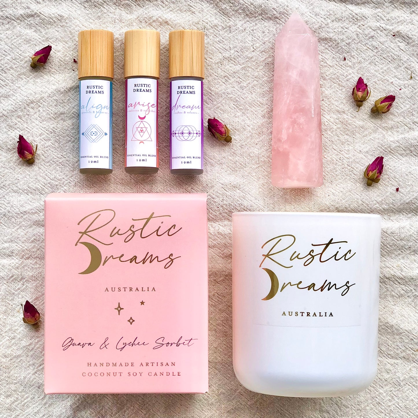 Enchantment Gift Box - Scented Soy Candles - Rose Quartz - Essential Oil Rollers