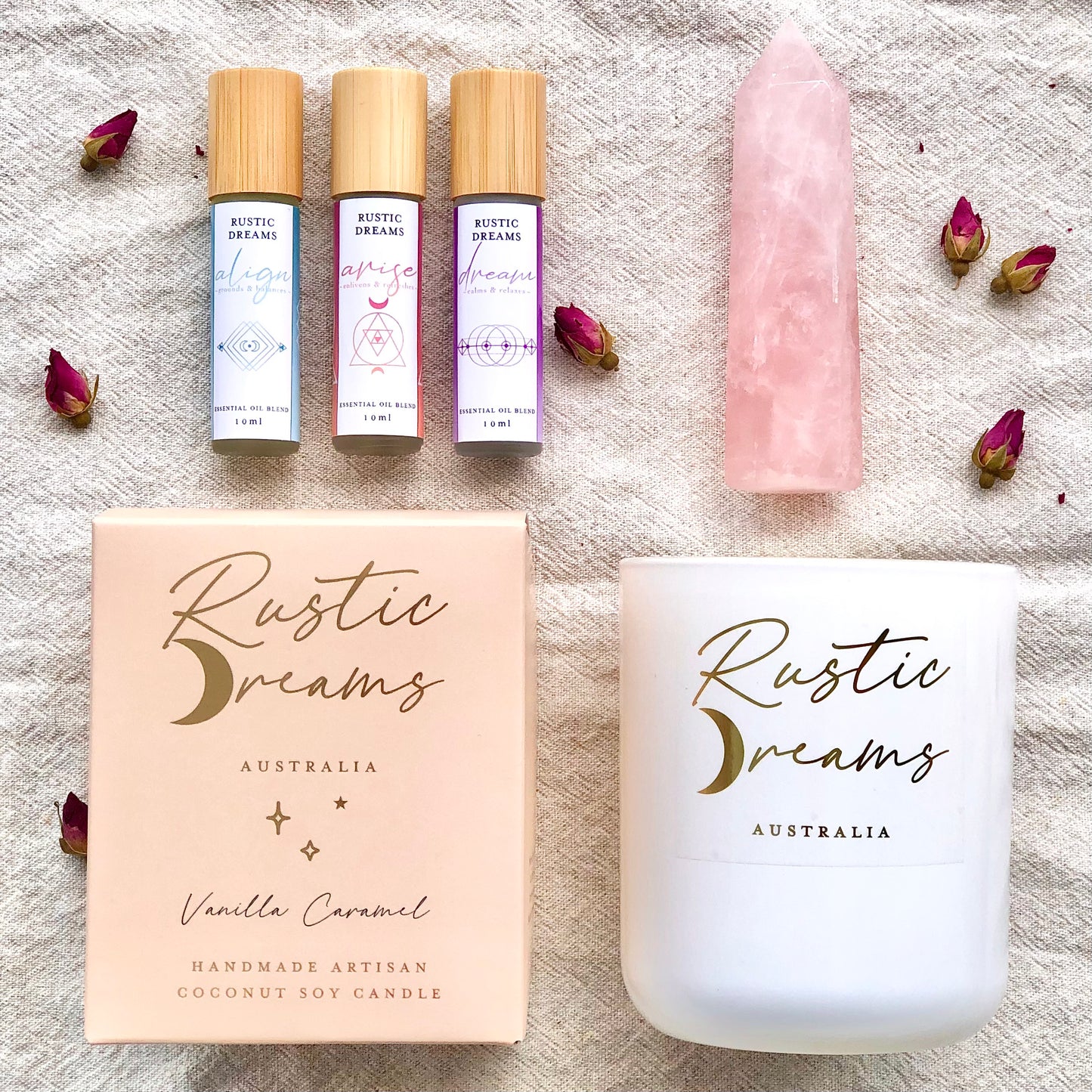 Enchantment Gift Box - Scented Soy Candles - Rose Quartz - Essential Oil Rollers