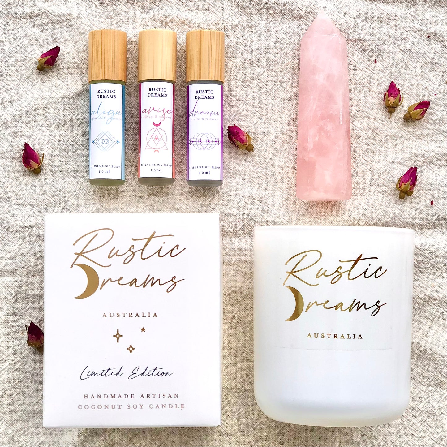 Enchantment Gift Box - Scented Soy Candles - Rose Quartz - Essential Oil Rollers