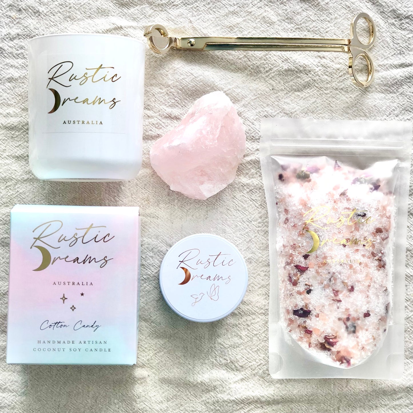 Rustic Dreams Gift Box - Soy Candle - Wick Trimmer - Rose Quartz crystal - Bath Salts