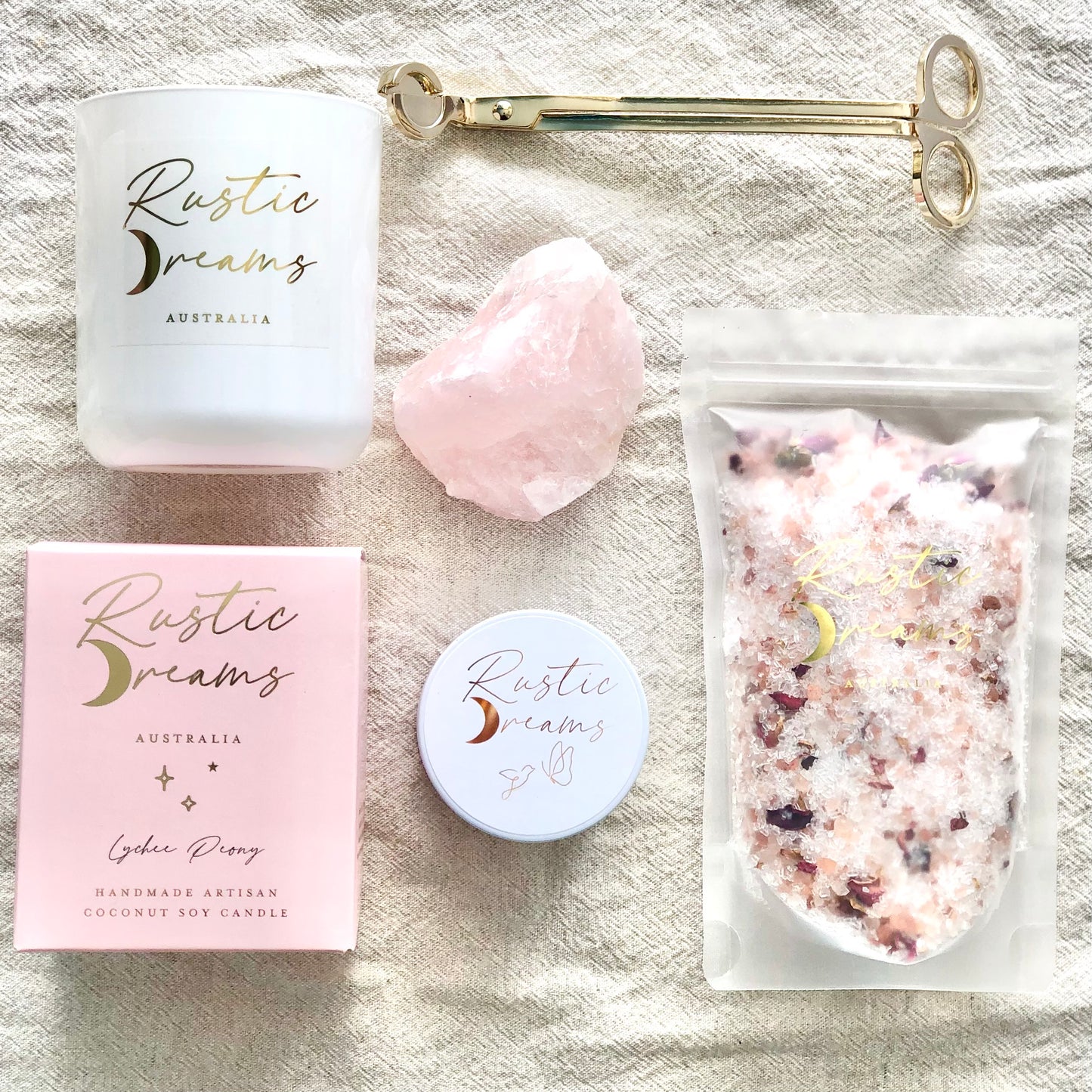 Rustic Dreams Gift Box - Soy Candle - Wick Trimmer - Rose Quartz crystal - Bath Salts