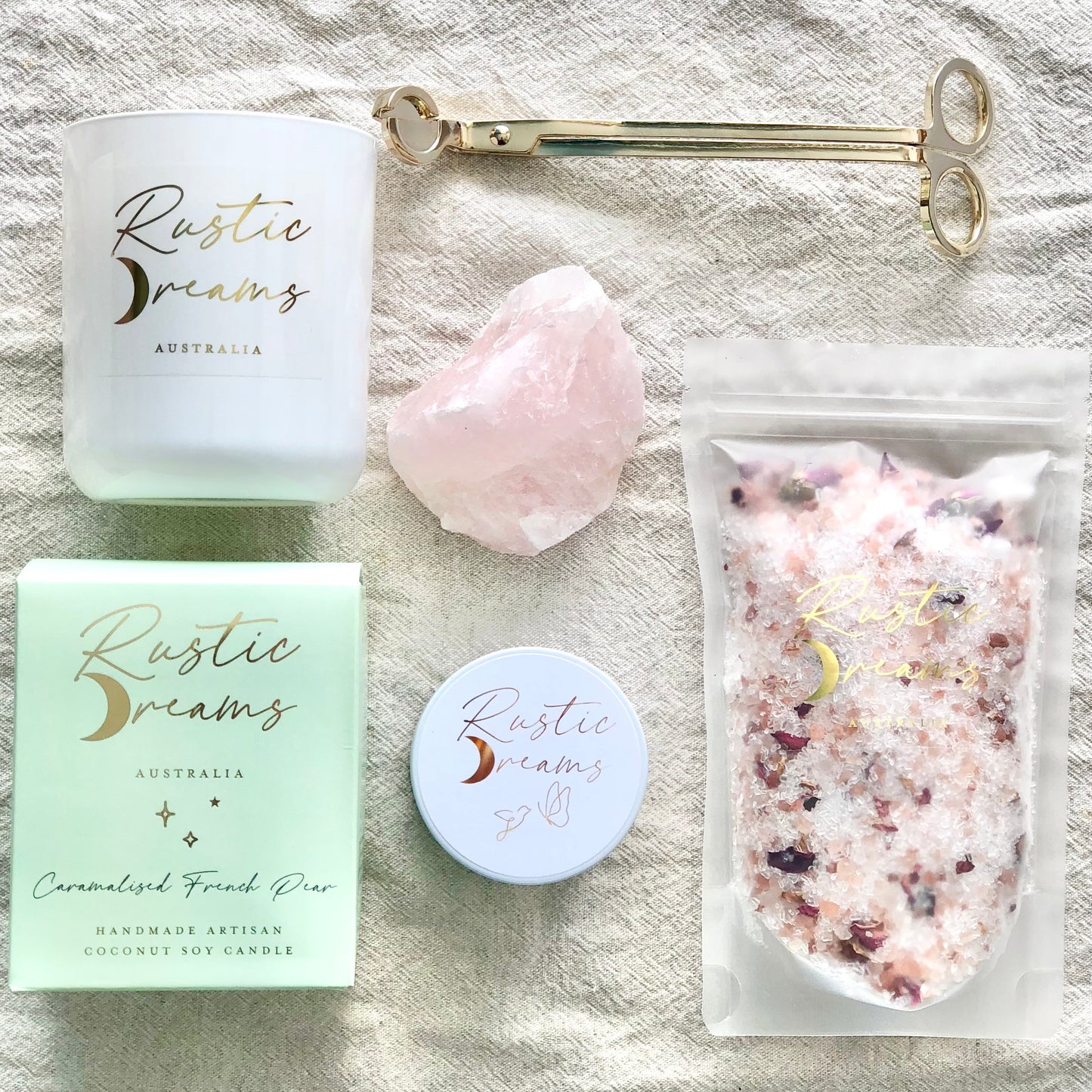 Rustic Dreams Gift Box - Soy Candle - Wick Trimmer - Rose Quartz crystal - Bath Salts