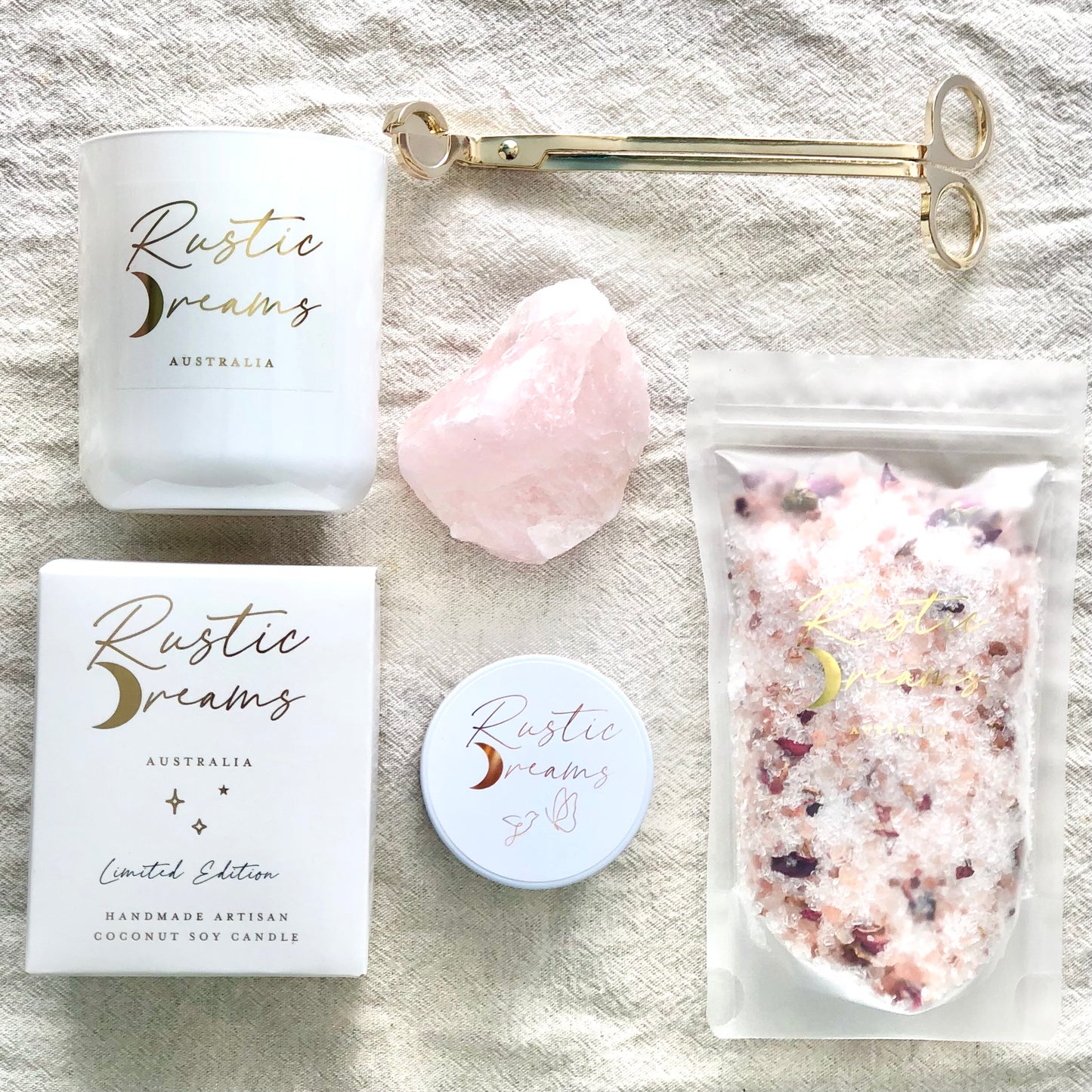 Rustic Dreams Gift Box - Soy Candle - Wick Trimmer - Rose Quartz crystal - Bath Salts