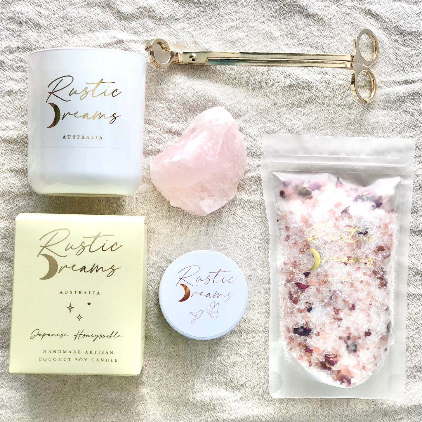 Rustic Dreams Gift Box - Soy Candle - Wick Trimmer - Rose Quartz crystal - Bath Salts