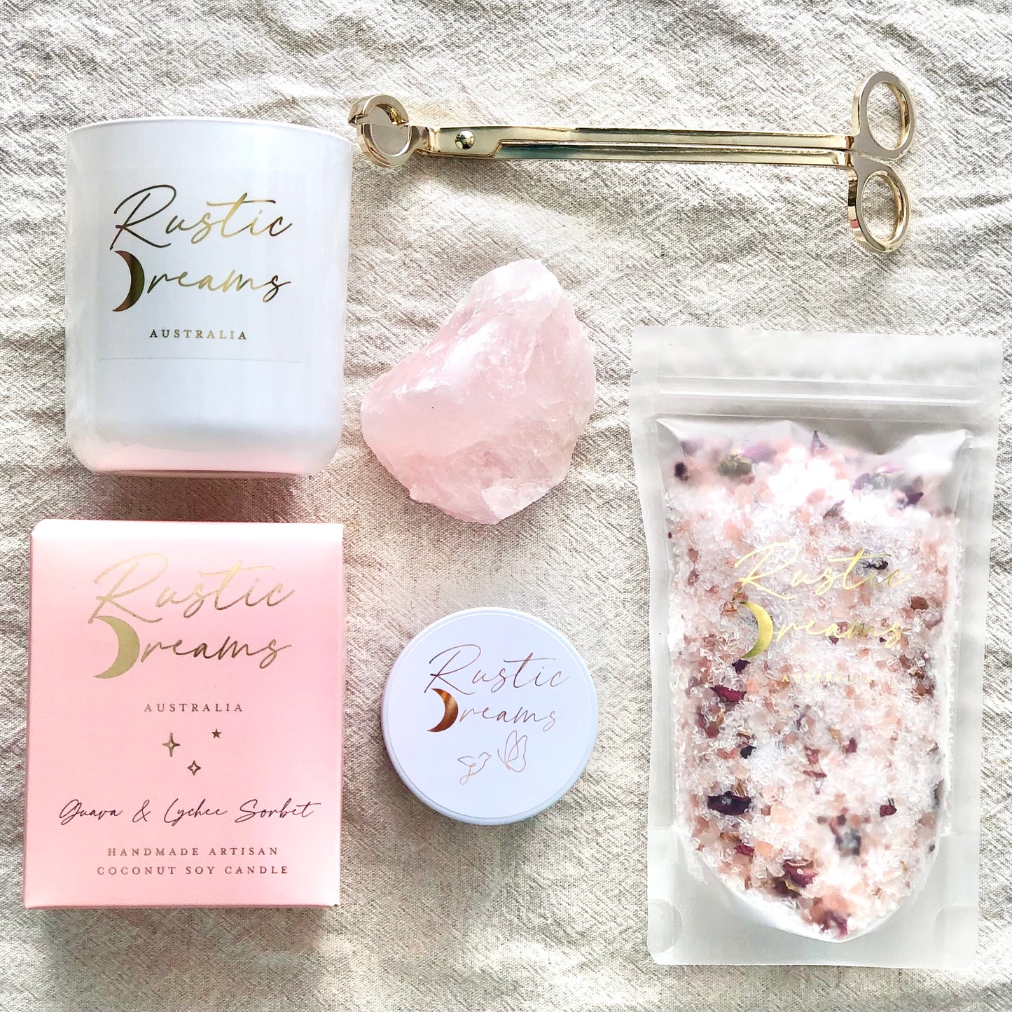 Rustic Dreams Gift Box - Soy Candle - Wick Trimmer - Rose Quartz crystal - Bath Salts