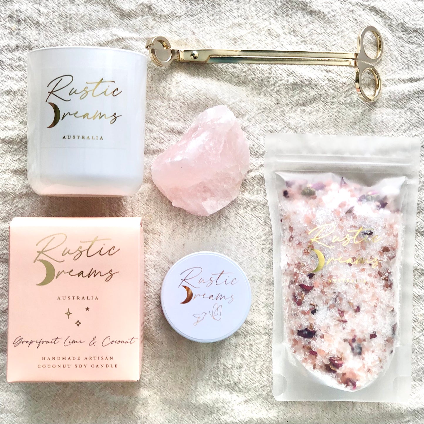 Rustic Dreams Gift Box - Soy Candle - Wick Trimmer - Rose Quartz crystal - Bath Salts