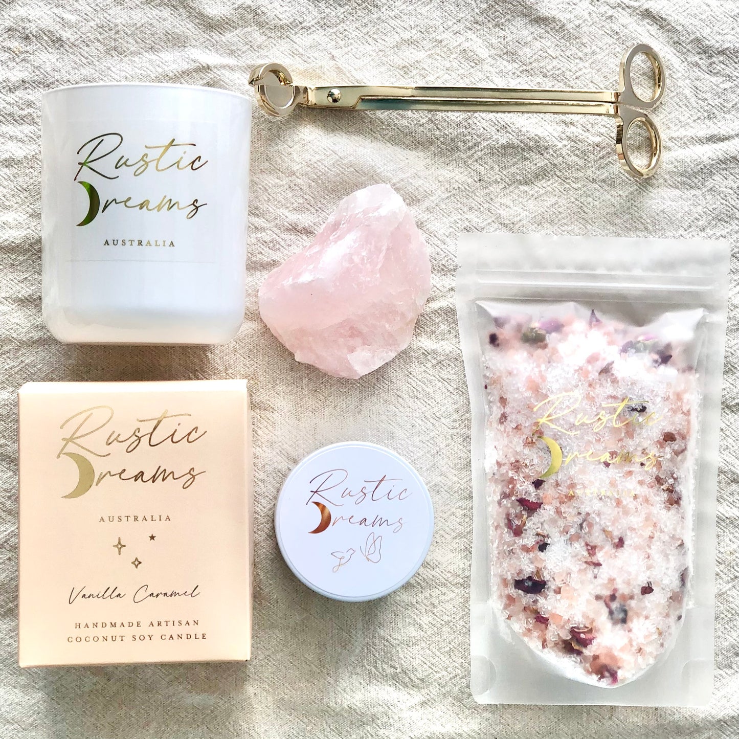 Rustic Dreams Gift Box - Soy Candle - Wick Trimmer - Rose Quartz crystal - Bath Salts