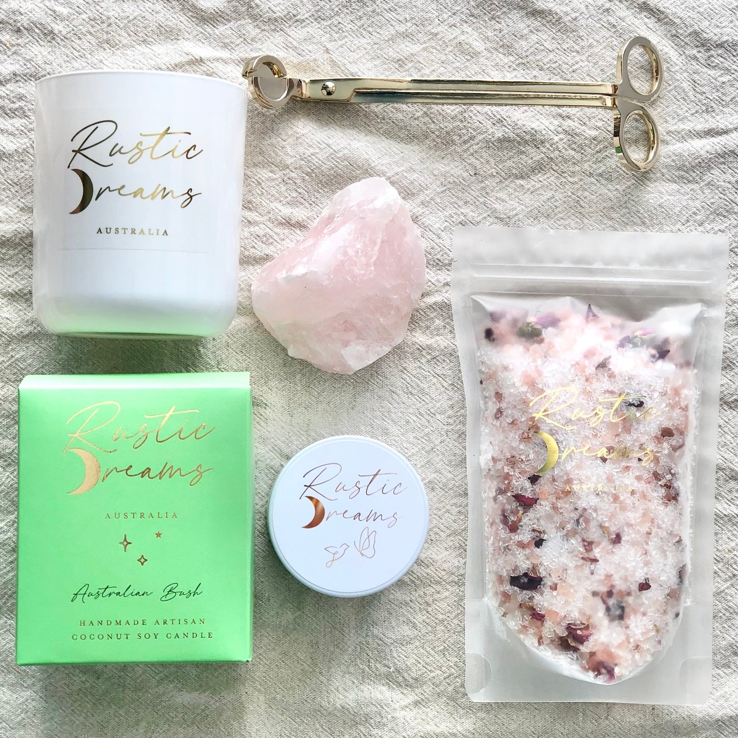 Rustic Dreams Gift Box - Soy Candle - Wick Trimmer - Rose Quartz crystal - Bath Salts