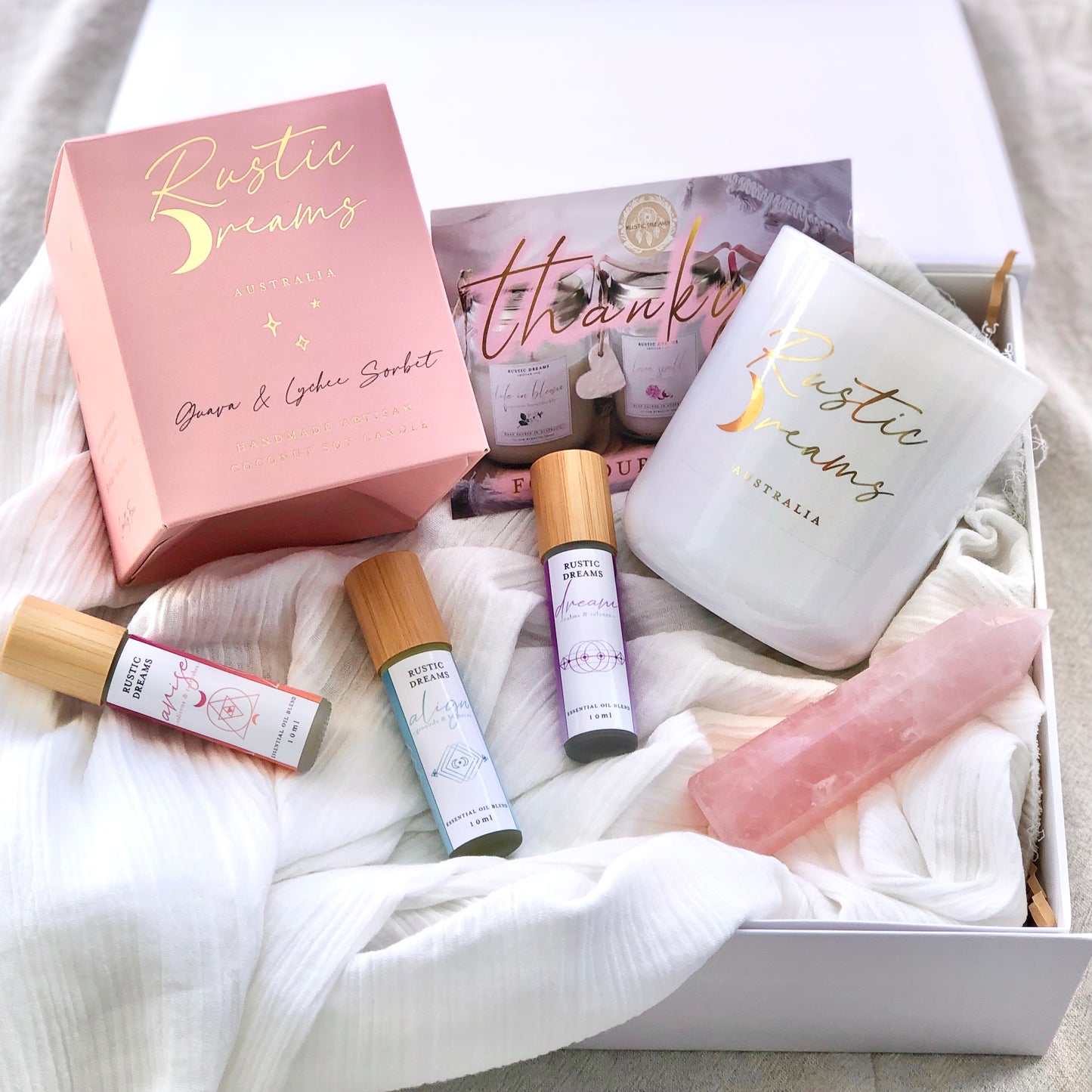 Enchantment Gift Box - Scented Soy Candles - Rose Quartz - Essential Oil Rollers