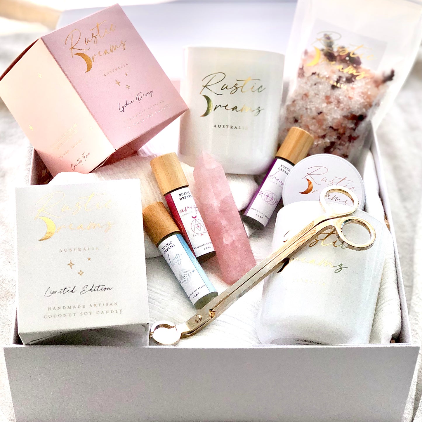 Self Love Gift Box - Scented Soy Candle - Essential Oil Roller - Wick Trimmer - Rose Quartz - Bath Salts